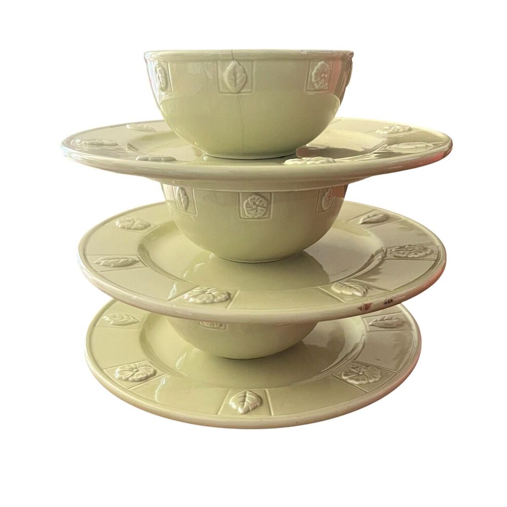 VTG Enesco CountryGate Bowl Plate Set Green Stoneware Embossed Leaf Pattern 6Pc